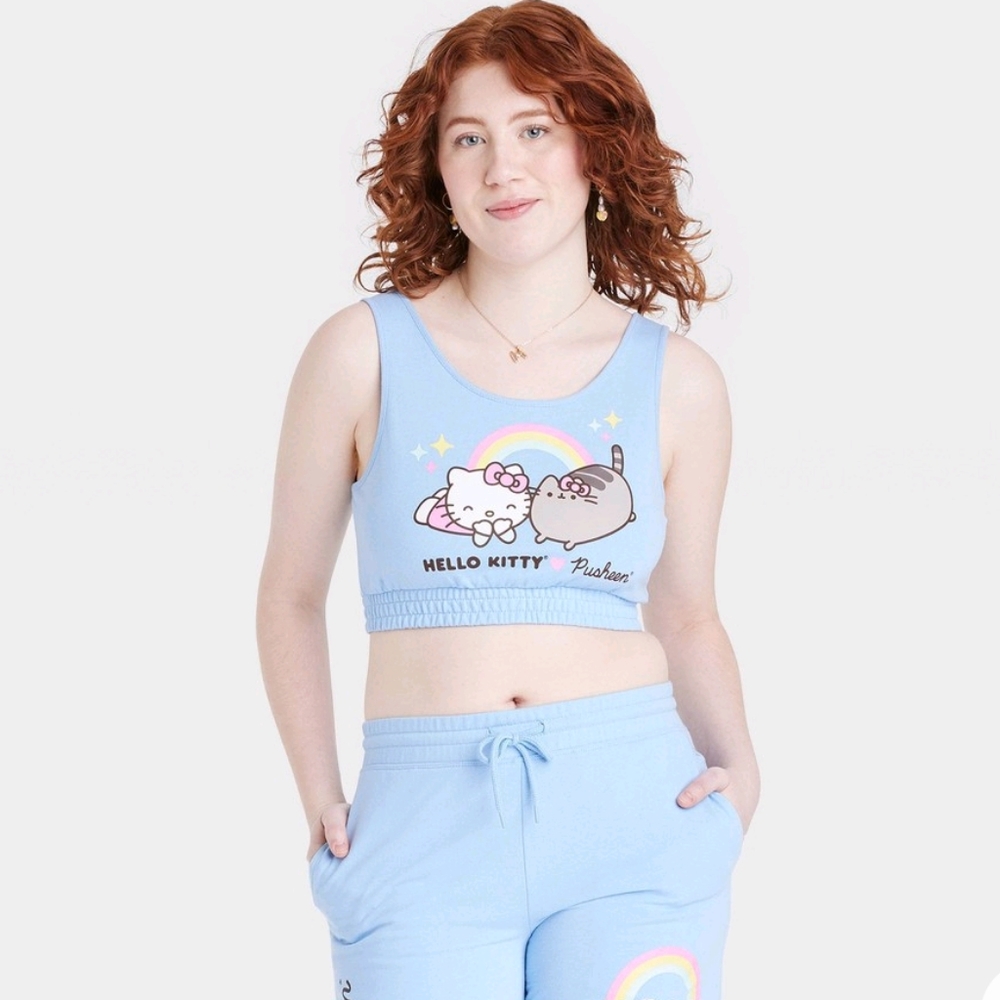 Hello Kitty & Pusheen Graphic Cropped Tank Blue Size Large 🆕